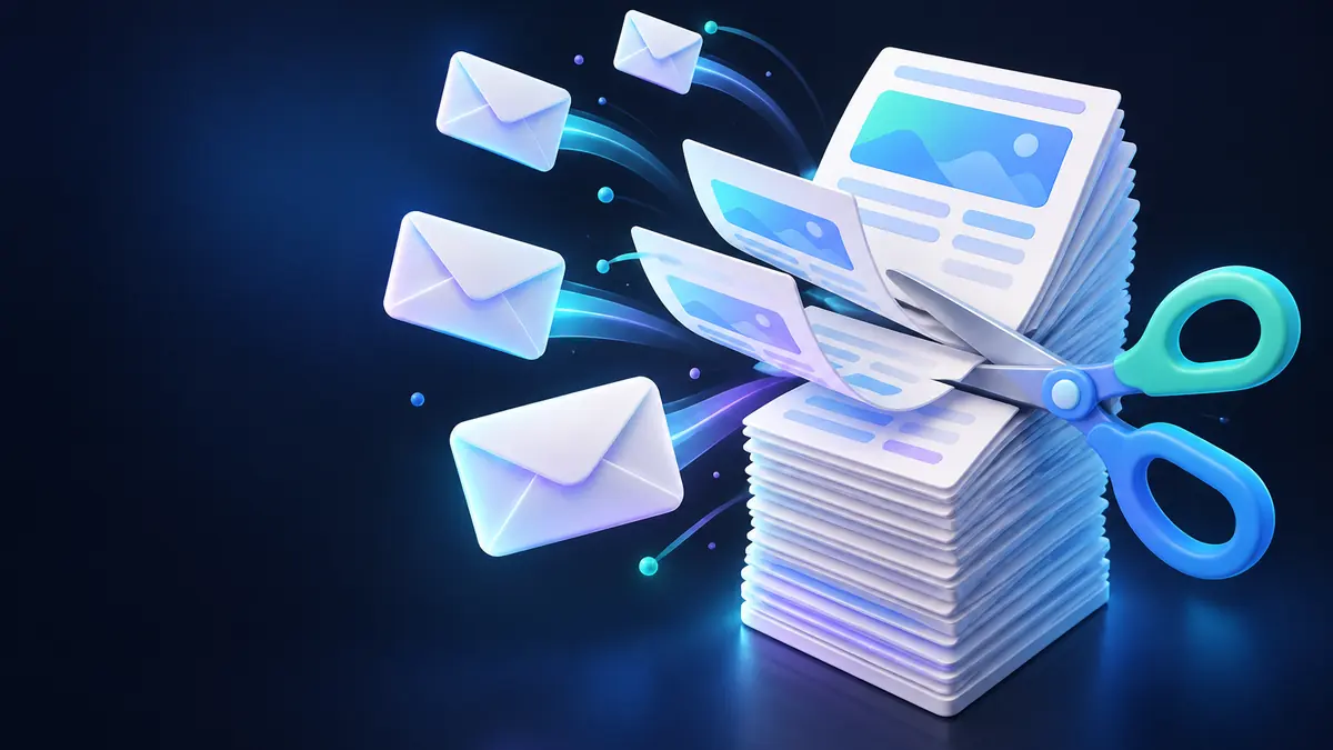 Como cancelar newsletter: tesoura cortando uma pilha de newsletters e e-mails sendo liberados
