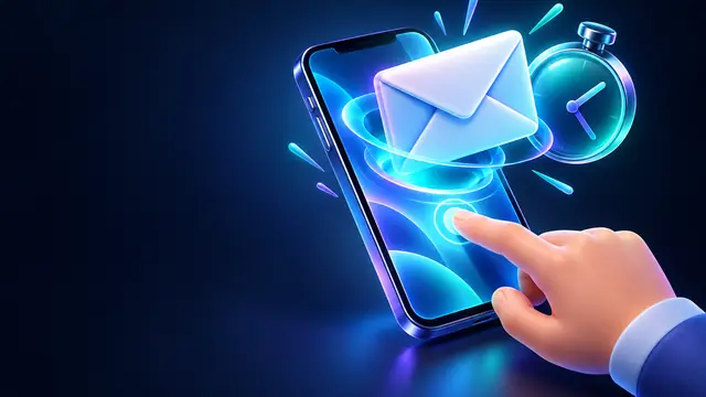 Como criar e-mail temporário: mão tocando o celular e um e-mail novo saindo da tela ao lado de um cronômetro