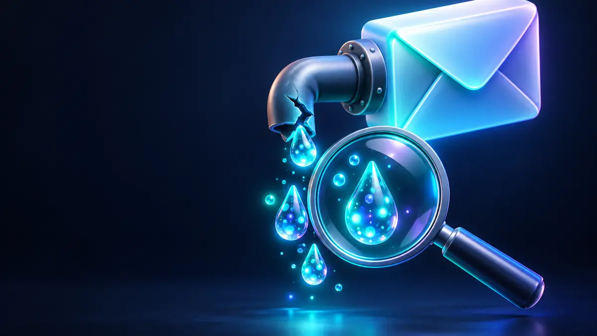 Como saber se meu e-mail vazou: envelope vazando dados por um cano rachado, com lupa
