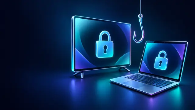 E-mail falso da Netflix e da Microsoft: TV e notebook com cadeado e um anzol de phishing