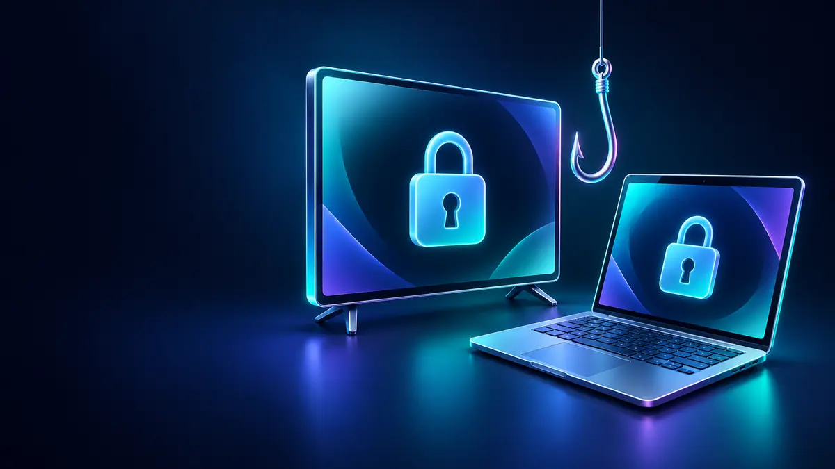 E-mail falso da Netflix e da Microsoft: TV e notebook com cadeado e um anzol de phishing