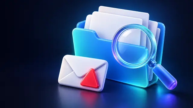 E-mail falso da Receita Federal: pasta de documentos, lupa e envelope suspeito com alerta