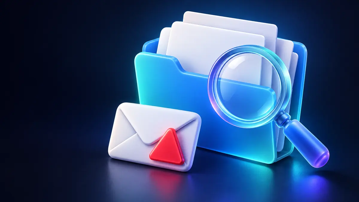 E-mail falso da Receita Federal: pasta de documentos, lupa e envelope suspeito com alerta