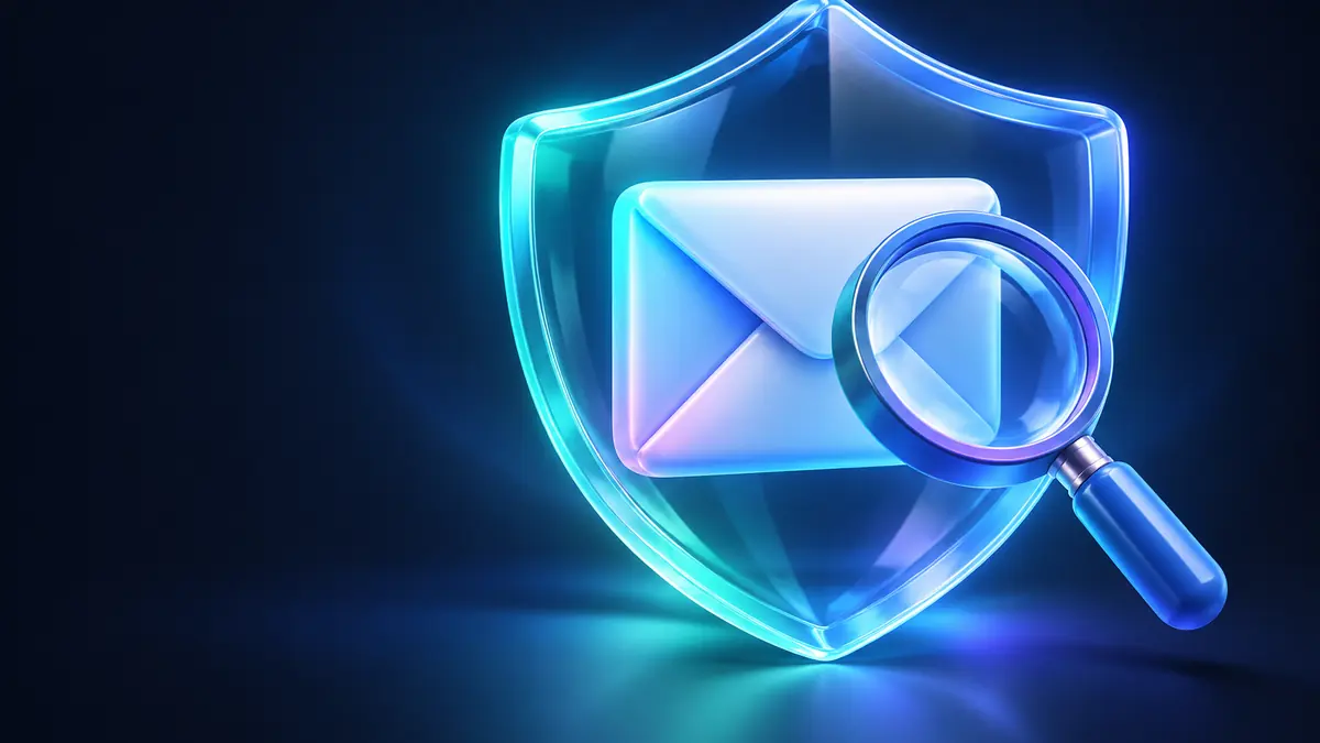 E-mail temporário é seguro: escudo protegendo um envelope inspecionado por uma lupa