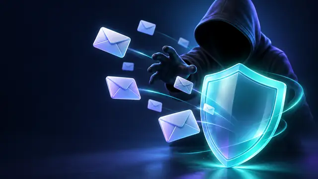 E-mail vazado na dark web: silhueta encapuzada com envelopes vazados e escudo de proteção