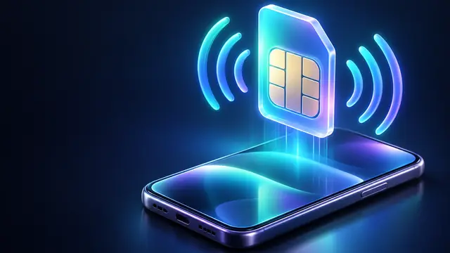 Número virtual: chip virtual holográfico flutuando sobre um celular