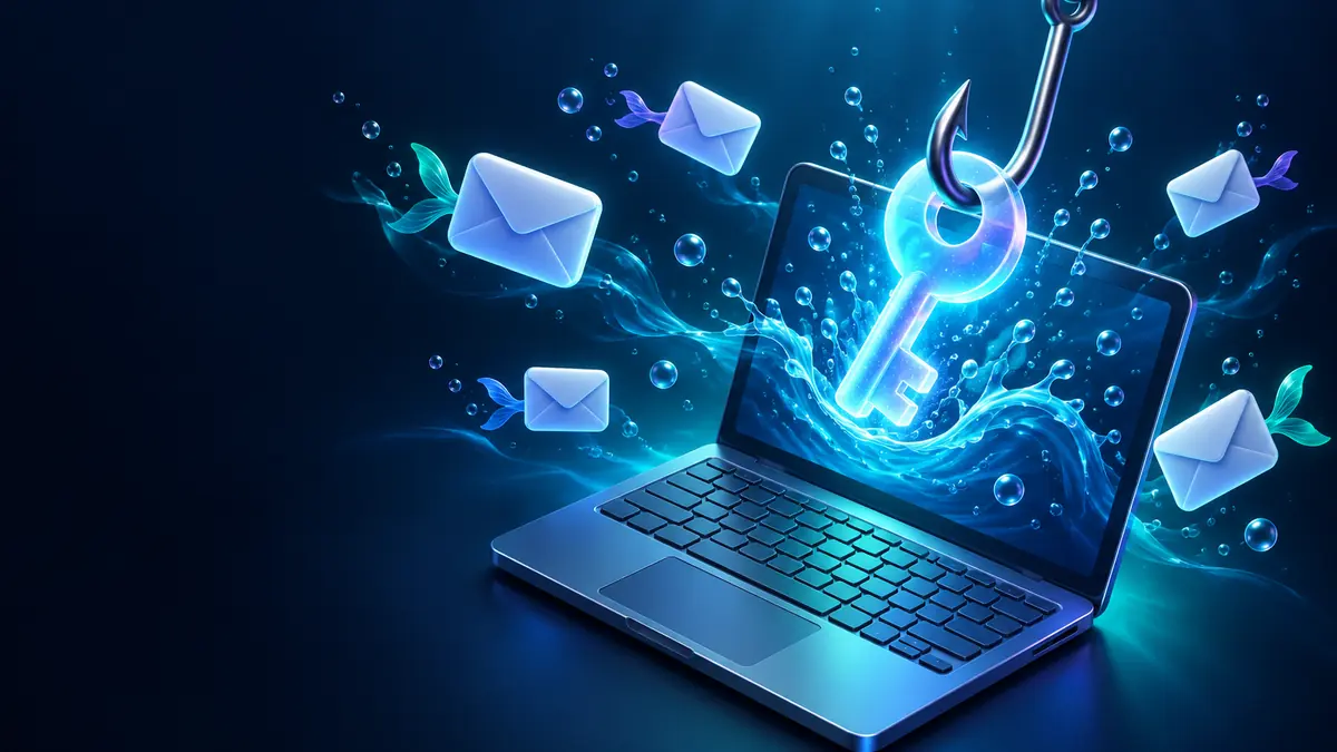 O que é phishing: anzol puxando uma chave de senha da tela do notebook